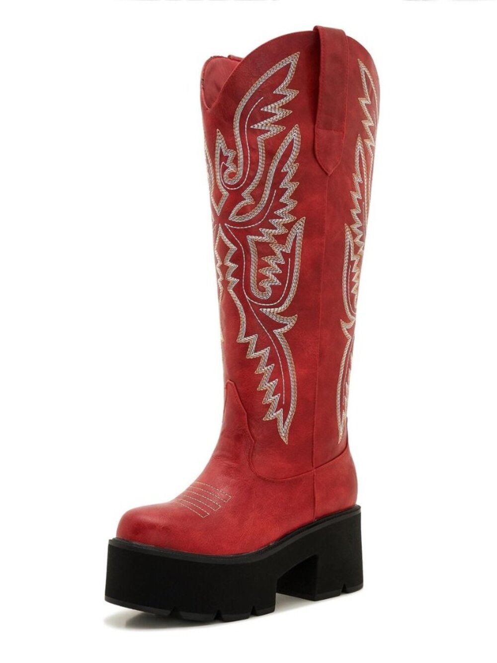 Women's Red Platform Cowgirl Boots with Zipper – Western Knee-High Chunky Sole
